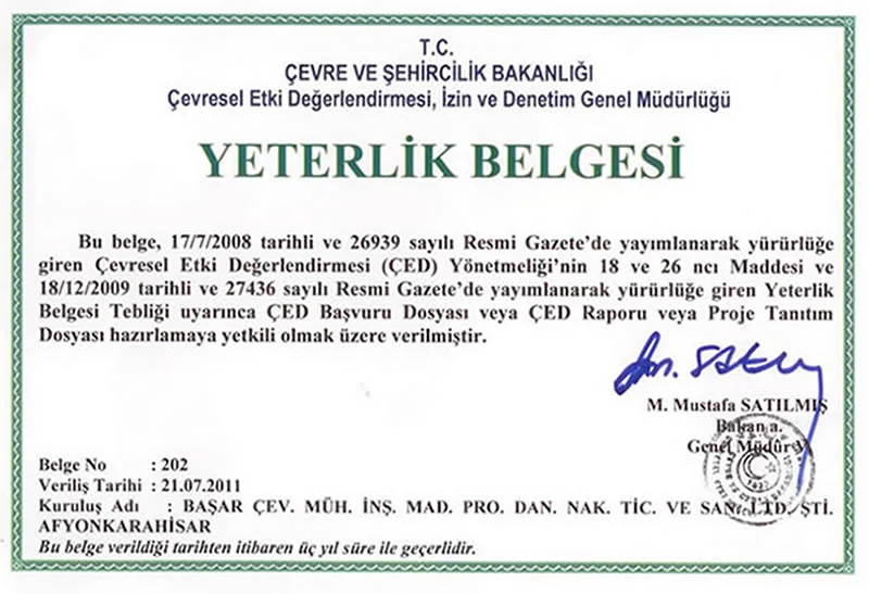 Başar Çevre ÇED Yeterlik Belgesi
